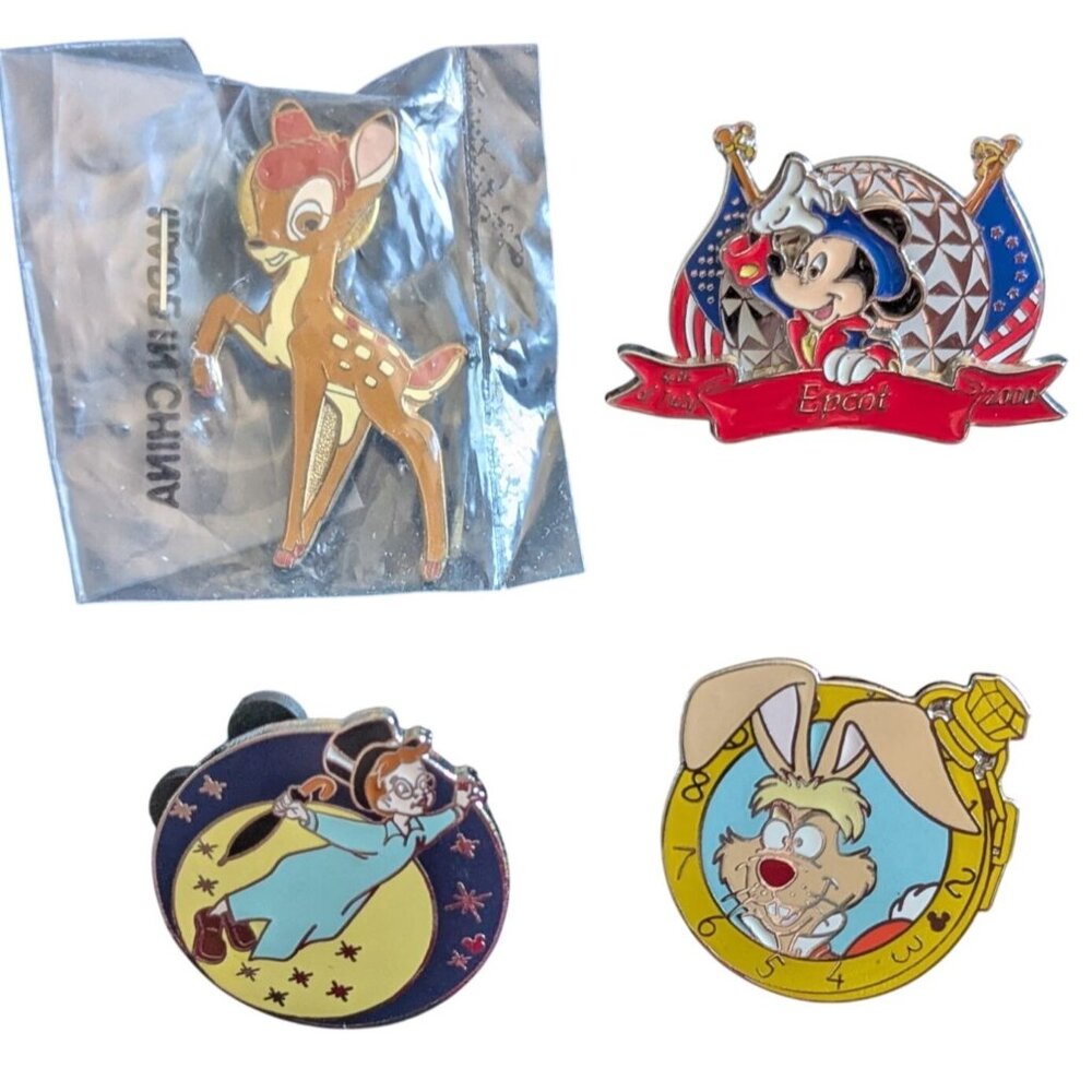 4 Disney pins Bambi Mickey Epcot 2000 John Flying Hidden Mickey March Hare